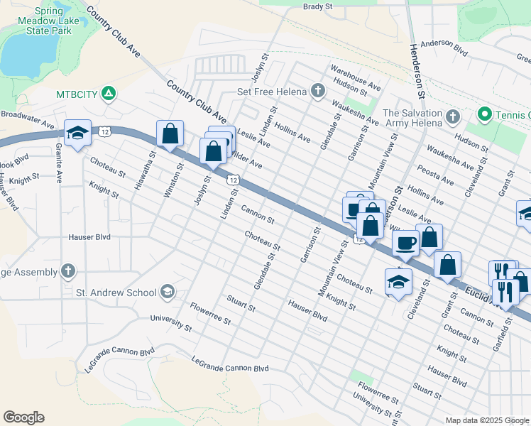 map of restaurants, bars, coffee shops, grocery stores, and more near 1726 Cannon Street in Helena