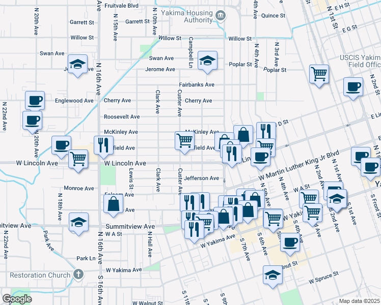 map of restaurants, bars, coffee shops, grocery stores, and more near 1212 Garfield Avenue in Yakima