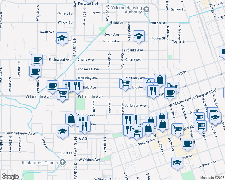 map of restaurants, bars, coffee shops, grocery stores, and more near 1318 Garfield Avenue in Yakima