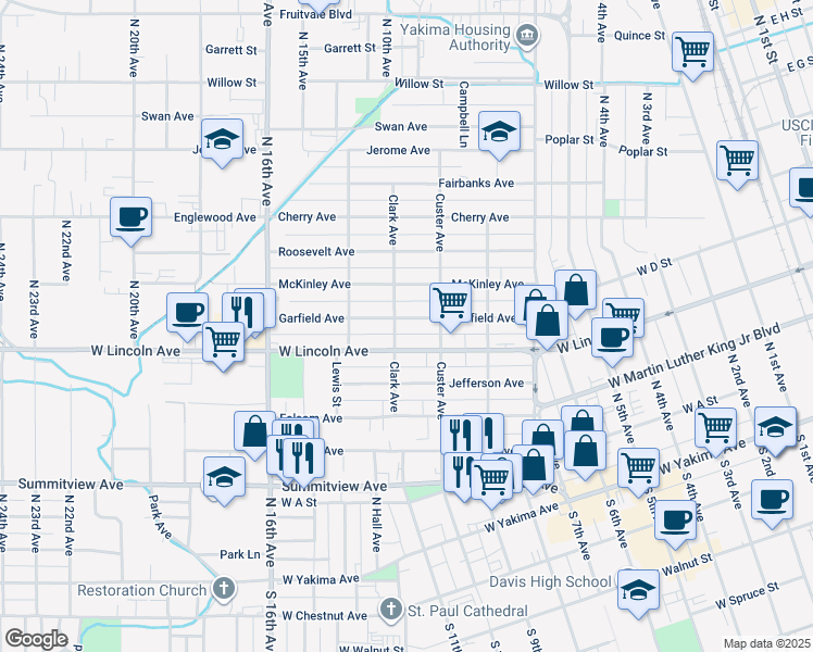map of restaurants, bars, coffee shops, grocery stores, and more near 1317 West Lincoln Avenue in Yakima