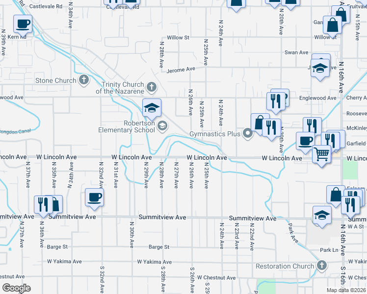 map of restaurants, bars, coffee shops, grocery stores, and more near 2608 West Lincoln Avenue in Yakima