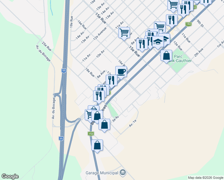 map of restaurants, bars, coffee shops, grocery stores, and more near 1755 Avenue de Grand-Mère in Shawinigan
