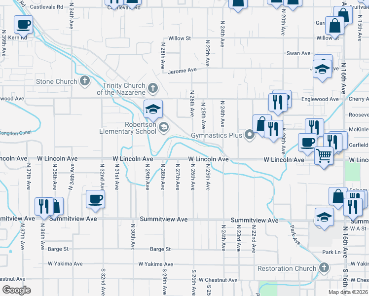 map of restaurants, bars, coffee shops, grocery stores, and more near 2608 West Lincoln Avenue in Yakima