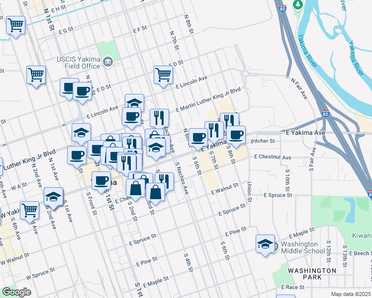 map of restaurants, bars, coffee shops, grocery stores, and more near 5 South Naches Avenue in Yakima
