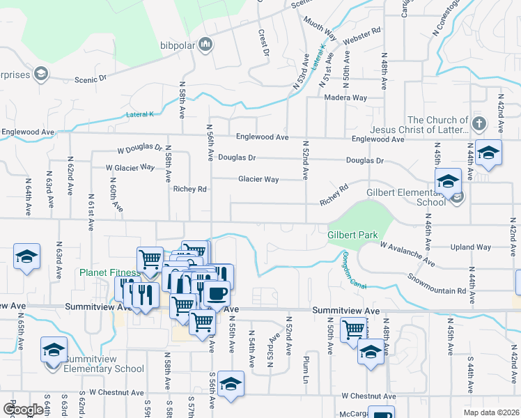 map of restaurants, bars, coffee shops, grocery stores, and more near 5400 W Lincoln Ave in Yakima