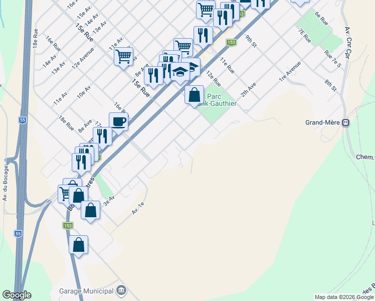 map of restaurants, bars, coffee shops, grocery stores, and more near 1553 2e Avenue in Shawinigan