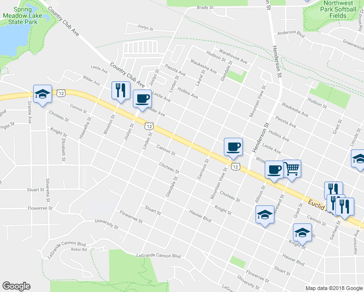 map of restaurants, bars, coffee shops, grocery stores, and more near 1717 Euclid Avenue in Helena