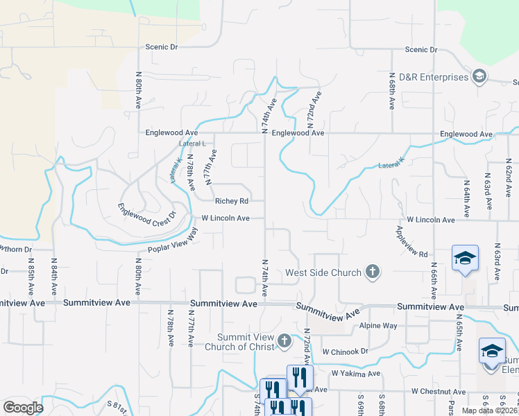 map of restaurants, bars, coffee shops, grocery stores, and more near 403 North 75th Avenue in Yakima