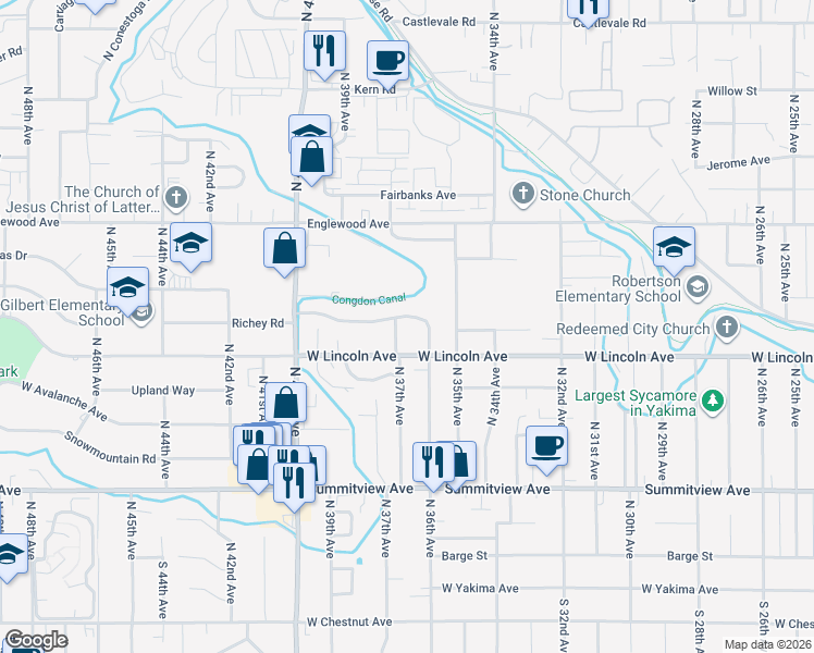 map of restaurants, bars, coffee shops, grocery stores, and more near 3609 Richey Rd in Yakima