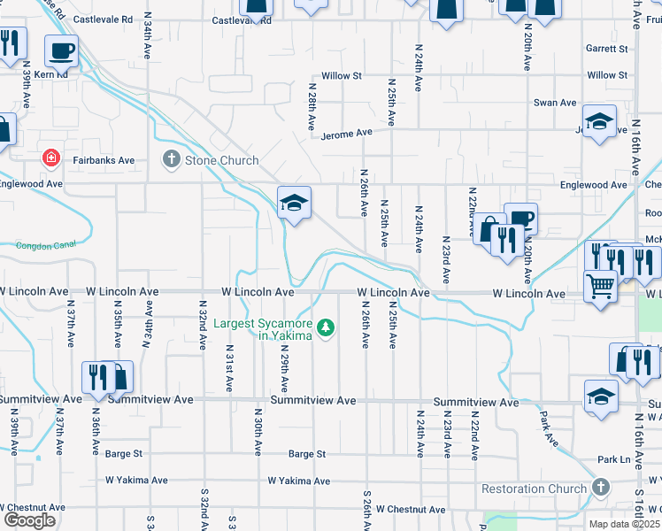 map of restaurants, bars, coffee shops, grocery stores, and more near 2705 West Lincoln Avenue in Yakima