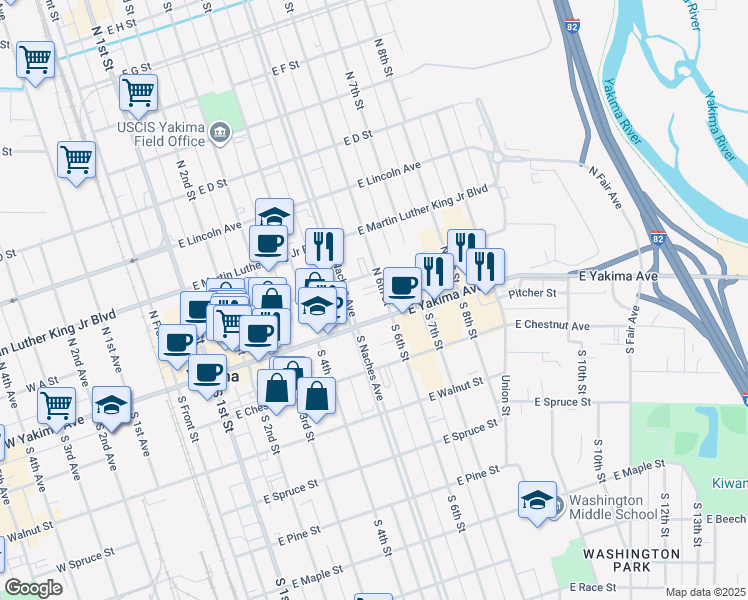 map of restaurants, bars, coffee shops, grocery stores, and more near 6 North 6th Street in Yakima