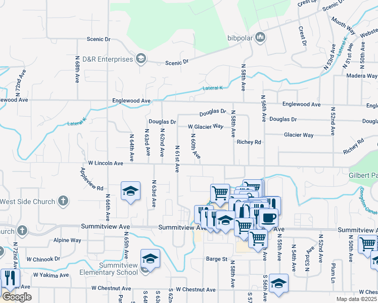 map of restaurants, bars, coffee shops, grocery stores, and more near 412 North 60th Avenue in Yakima