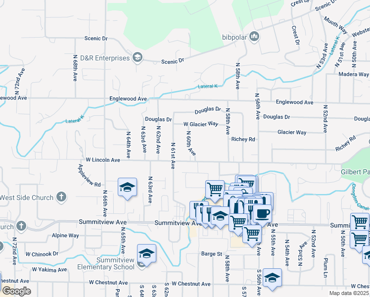 map of restaurants, bars, coffee shops, grocery stores, and more near 412 North 60th Avenue in Yakima
