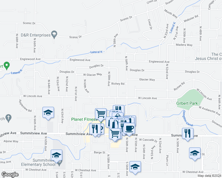 map of restaurants, bars, coffee shops, grocery stores, and more near 407 North 58th Avenue in Yakima
