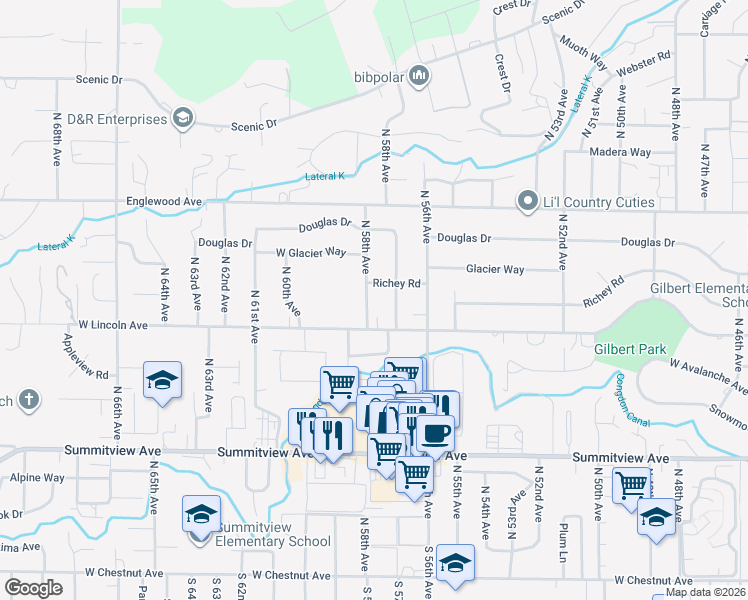 map of restaurants, bars, coffee shops, grocery stores, and more near 5706 Richey Road in Yakima