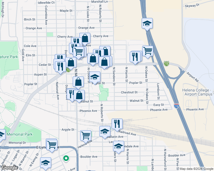 map of restaurants, bars, coffee shops, grocery stores, and more near 1418 Poplar Street in Helena