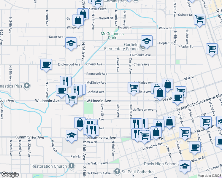 map of restaurants, bars, coffee shops, grocery stores, and more near 1412 McKinley Avenue in Yakima