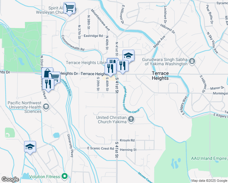 map of restaurants, bars, coffee shops, grocery stores, and more near 128 South 41st Street in Yakima