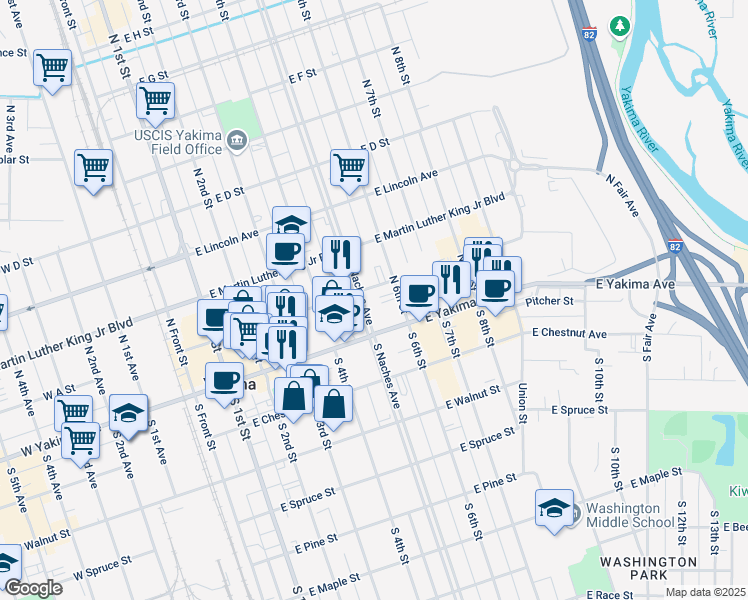 map of restaurants, bars, coffee shops, grocery stores, and more near 16 North 6th Street in Yakima