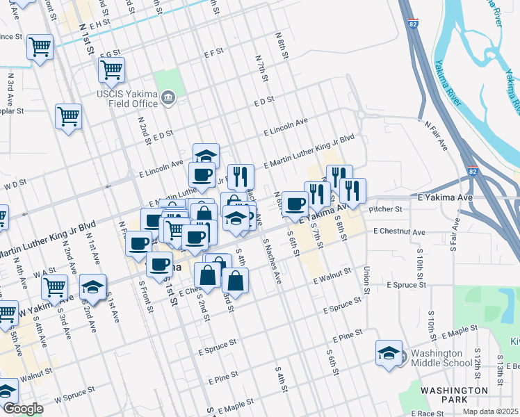 map of restaurants, bars, coffee shops, grocery stores, and more near 16 North 6th Street in Yakima