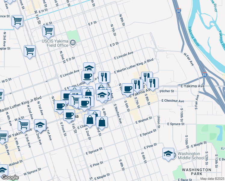 map of restaurants, bars, coffee shops, grocery stores, and more near 15 North Naches Avenue in Yakima