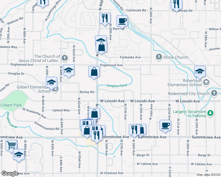 map of restaurants, bars, coffee shops, grocery stores, and more near 3801 Richey Road in Yakima