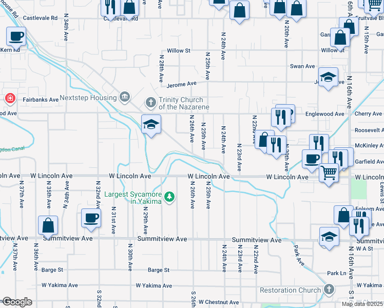 map of restaurants, bars, coffee shops, grocery stores, and more near 402 North 25th Avenue in Yakima