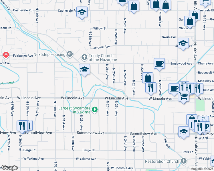 map of restaurants, bars, coffee shops, grocery stores, and more near 402 North 25th Avenue in Yakima