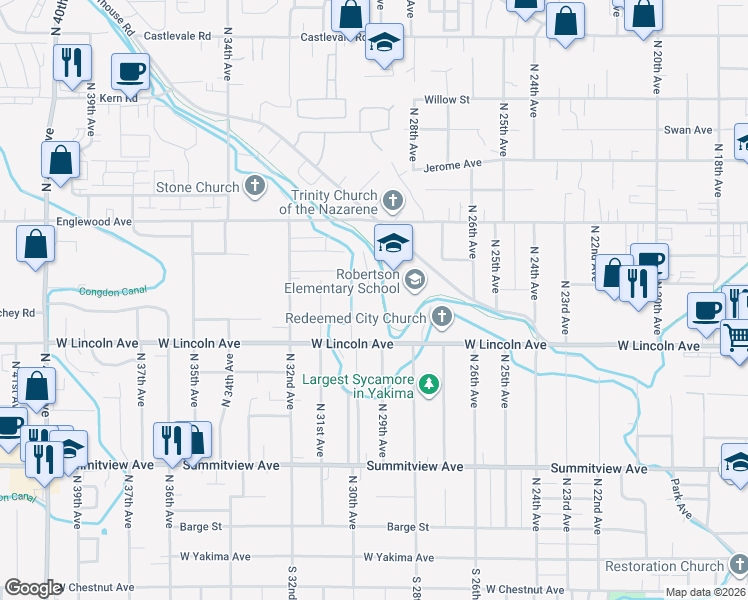 map of restaurants, bars, coffee shops, grocery stores, and more near Powerhouse Canal Trail in Yakima