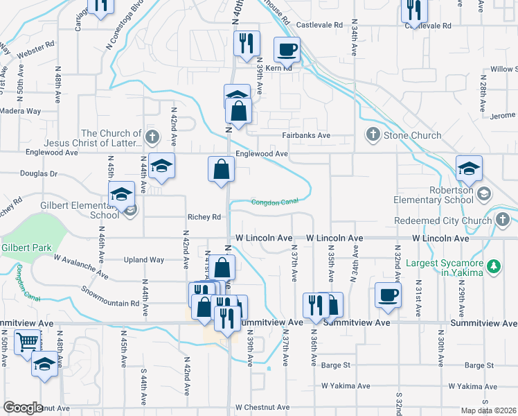 map of restaurants, bars, coffee shops, grocery stores, and more near 3801 Richey Road in Yakima
