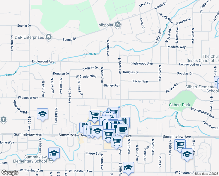 map of restaurants, bars, coffee shops, grocery stores, and more near 5706 Richey Road in Yakima