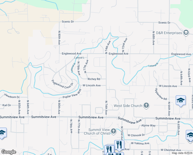 map of restaurants, bars, coffee shops, grocery stores, and more near 7502 Glacier Way in Yakima