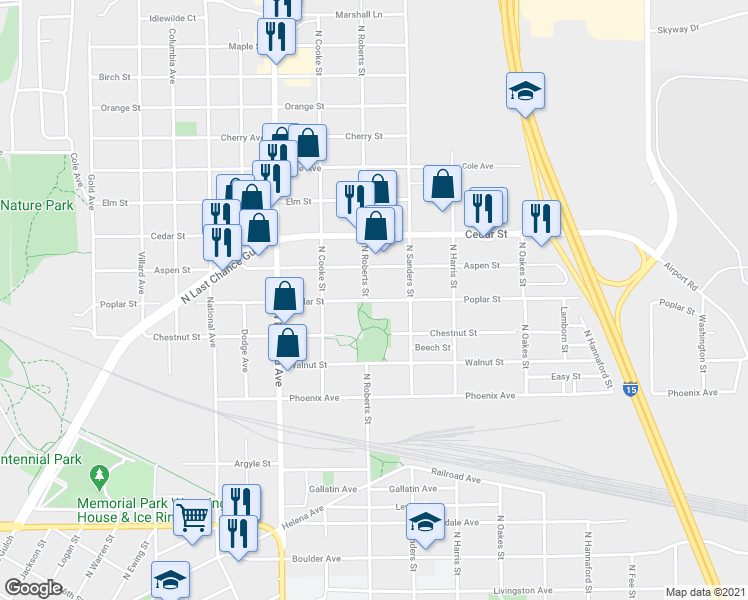 map of restaurants, bars, coffee shops, grocery stores, and more near 1409 Poplar Street in Helena