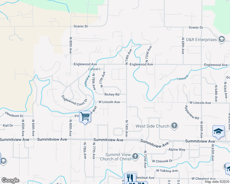 map of restaurants, bars, coffee shops, grocery stores, and more near 7502 Glacier Way in Yakima