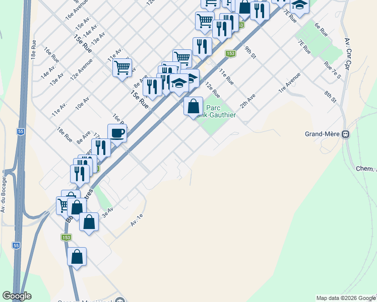 map of restaurants, bars, coffee shops, grocery stores, and more near 221 15e Rue in Shawinigan