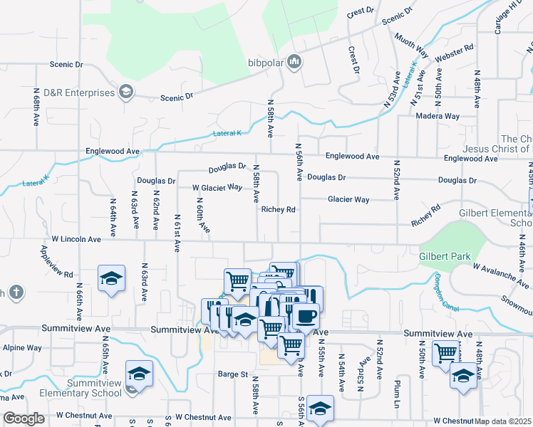 map of restaurants, bars, coffee shops, grocery stores, and more near 5706 Richey Road in Yakima