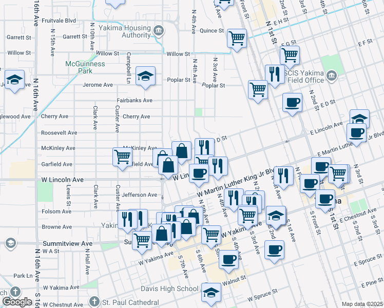 map of restaurants, bars, coffee shops, grocery stores, and more near 315 North 5th Avenue in Yakima