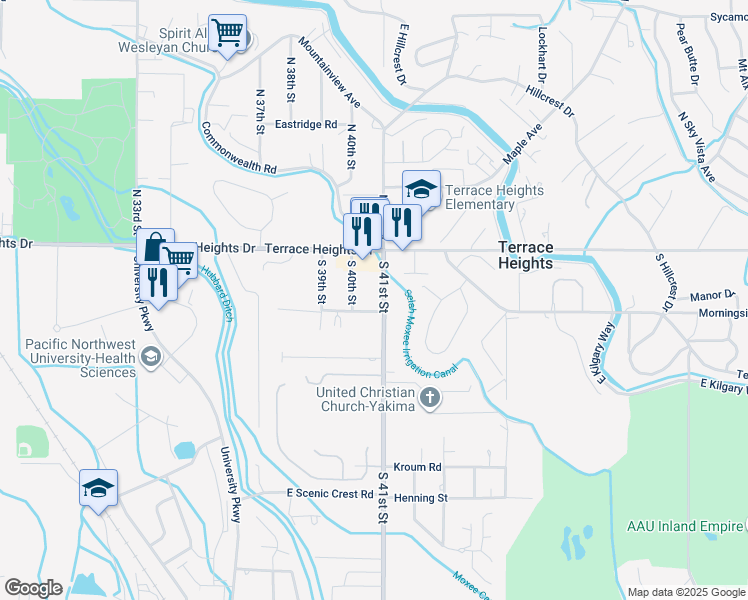 map of restaurants, bars, coffee shops, grocery stores, and more near 128 South 41st Street in Yakima