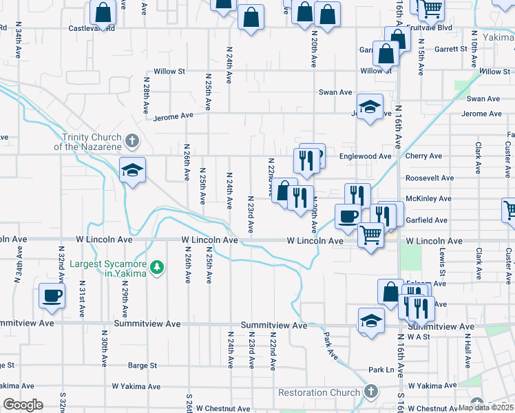 map of restaurants, bars, coffee shops, grocery stores, and more near 420 North 23rd Avenue in Yakima