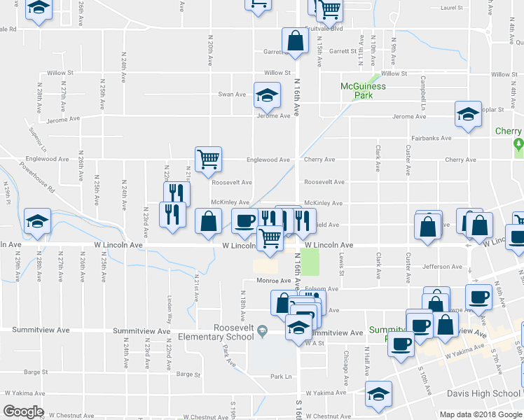 map of restaurants, bars, coffee shops, grocery stores, and more near 1620 McKinley Avenue in Yakima