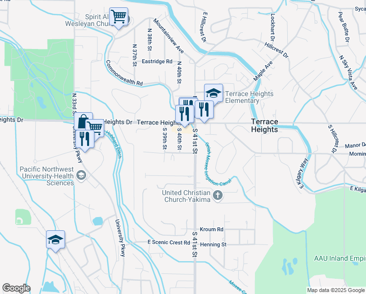 map of restaurants, bars, coffee shops, grocery stores, and more near 128 South 41st Street in Yakima