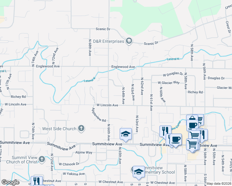 map of restaurants, bars, coffee shops, grocery stores, and more near 6501 West Ridge Court in Yakima