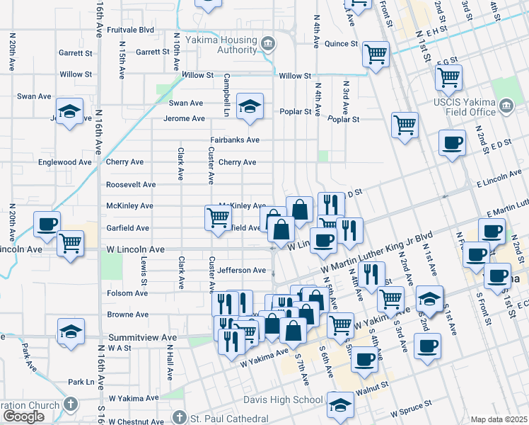map of restaurants, bars, coffee shops, grocery stores, and more near 1106 McKinley Ave in Yakima