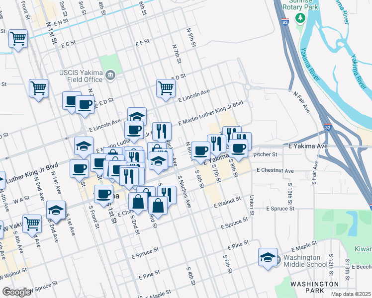 map of restaurants, bars, coffee shops, grocery stores, and more near 16 North 6th Street in Yakima