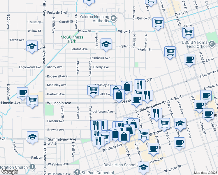 map of restaurants, bars, coffee shops, grocery stores, and more near 1106 McKinley Ave in Yakima