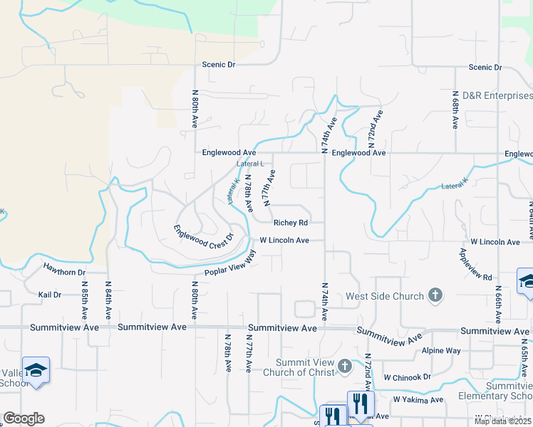 map of restaurants, bars, coffee shops, grocery stores, and more near 400 North 77th Avenue in Yakima