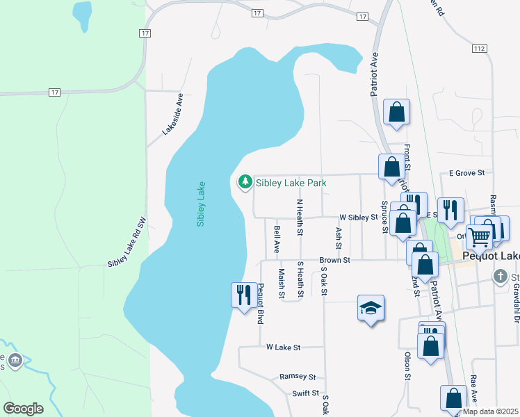 map of restaurants, bars, coffee shops, grocery stores, and more near 31162 Pequot Boulevard in Pequot Lakes