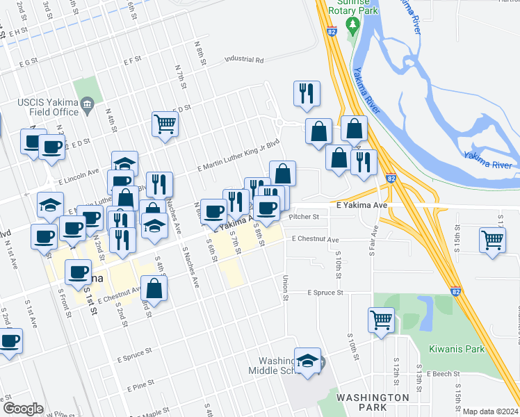 map of restaurants, bars, coffee shops, grocery stores, and more near 809 East Yakima Avenue in Yakima