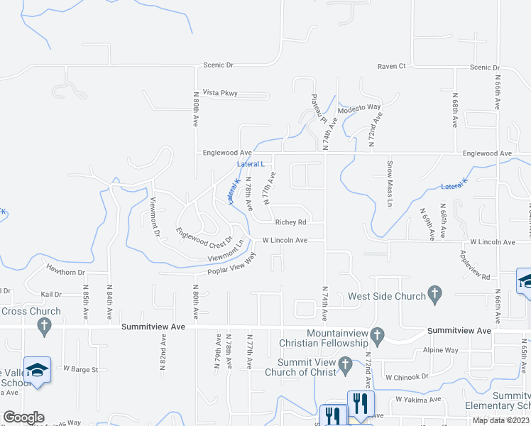 map of restaurants, bars, coffee shops, grocery stores, and more near 400 North 77th Avenue in Yakima