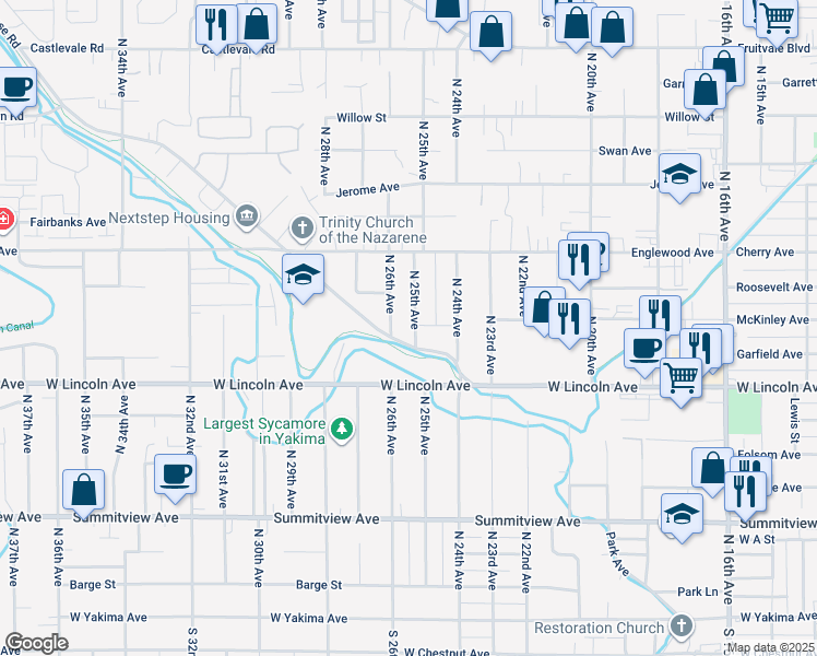map of restaurants, bars, coffee shops, grocery stores, and more near 402 North 25th Avenue in Yakima